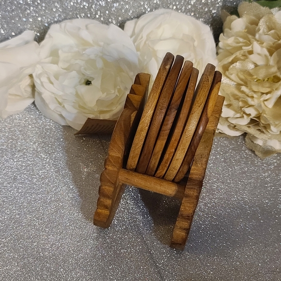 NWT Set of 6 Handcrafted Teak Wood Coasters with Hand Carved Stand - Picture 2 of 9